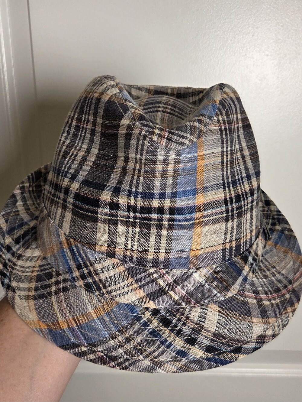 Stetson Plaid Linen Blend Fedora Hat Trilby Mens XL Classic Short Brim Blue Gray - Picture 3 of 11